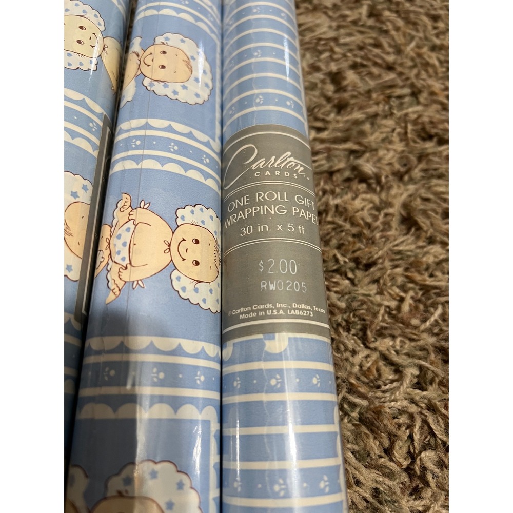 VTG Carlton Cards Blue Baby Boy Gift Wrapping Paper 4 Rolls 30in x 5ft RWO205 - Picture 4 of 5